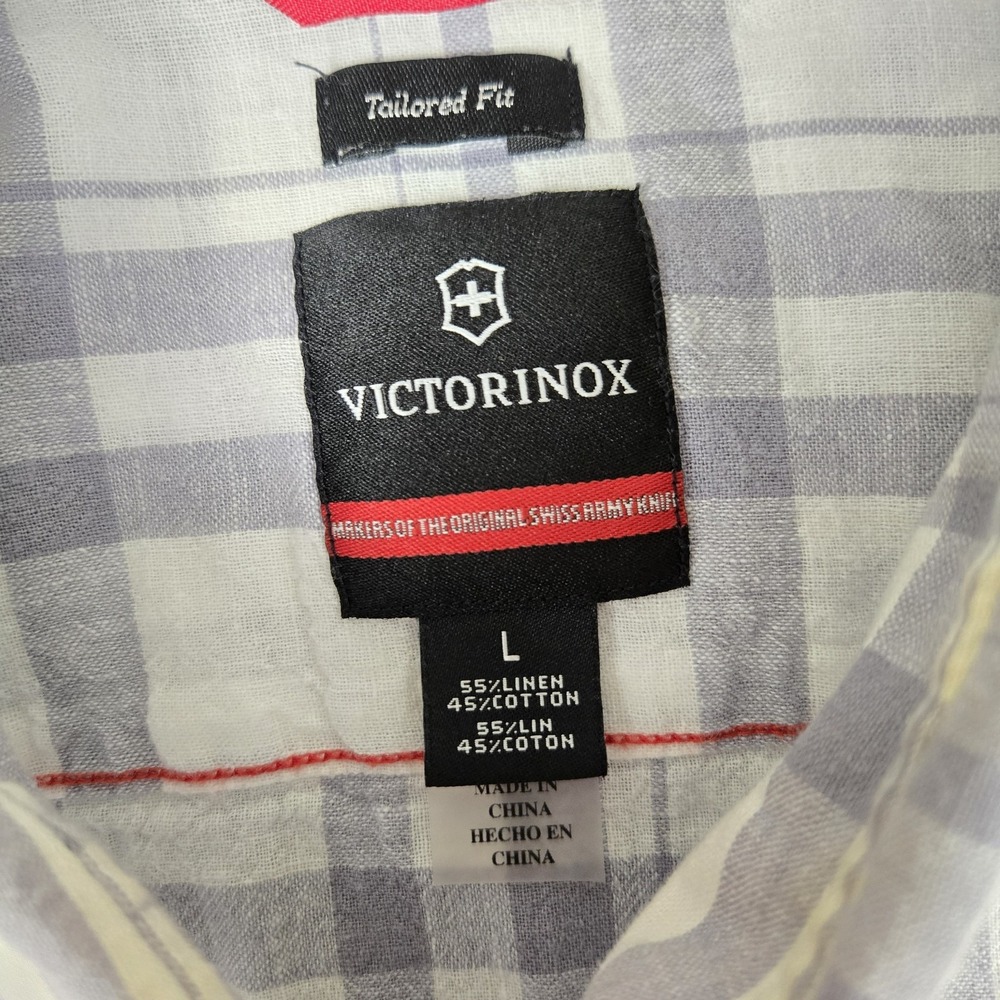 Victorinox shirt Mens Large Gray White Plaid Linen Blend Button Up Preppy Casual - Picture 3 of 10